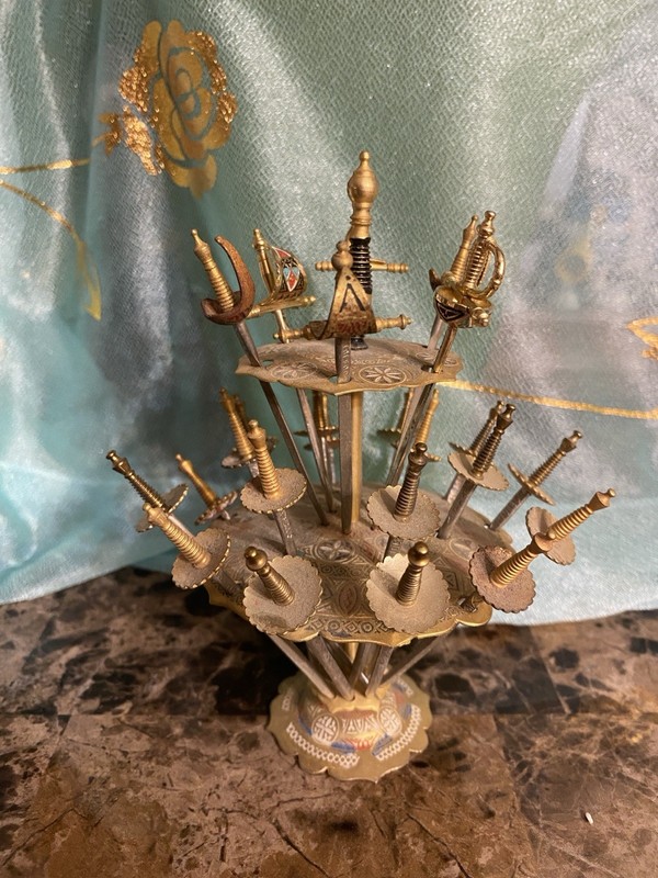 Vintage TOLEDO Set Spain Cocktail Appetizer 24 Sword Skewers w/ Holder Brass 