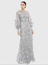 NWT $798 Mac Duggal Embellished Illusion High Neck Bishop Sleeve Gown Size 8