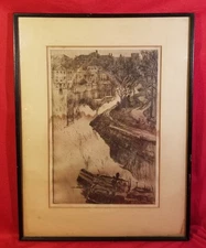 1919 Albert Baertsoen original ETCHING Canal In Ghent Belgium 12x16in Frame 