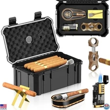 Portable Travel Cigar Humidor Set with Lighter, Cutter, Ashtray & Accessories