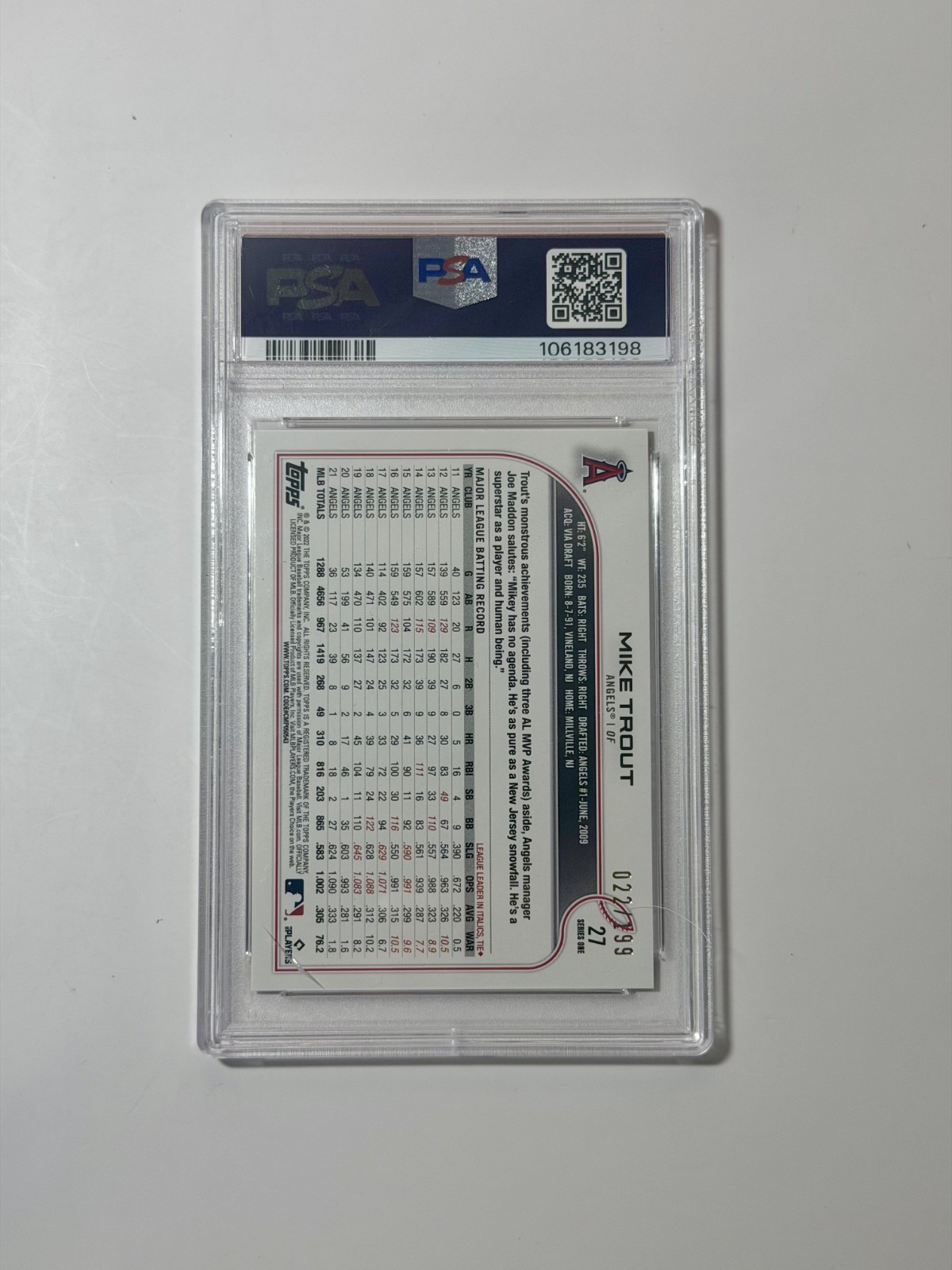 Mike Trout 2022 Topps Series 1 Red Foilboard /199 PSA 9 MINT LA Angels #27 SP view 3