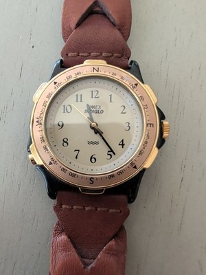 Vintage Timex Men Gold Tone Compass Bezel Indiglo Leather Band Running