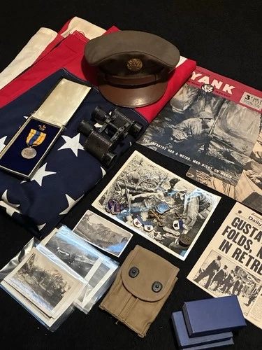 WW2 Military Group Army 48 Star Flag Cap Gear Insignia Medals USMC Binoculars