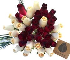 Red with Black Tips & White Flower Bouquet The Original Wooden Rose 1,2,3 Doz