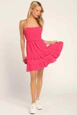 New LULU'S Serene Sweetie Hot Pink Smocked Cutout Tiered Mini Dress Size M