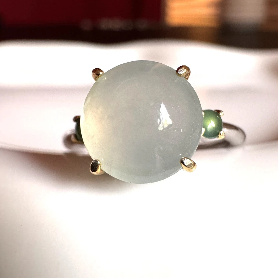 Anillo de jadeíta verde Birmania grado A plata de ley S925 - tamaño ajustable Foto 2 de 4
