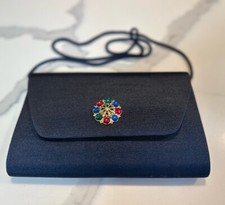 Vintage Dark Navy Evening Purse Bag w/ Colorful Rhinestones Elegant Clutch