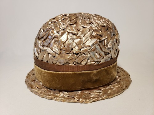Vintage Union Made 1950s Women's Pillbox Hat Gold Tan Basket Weave Ribbon EUC - Picture 3 of 8