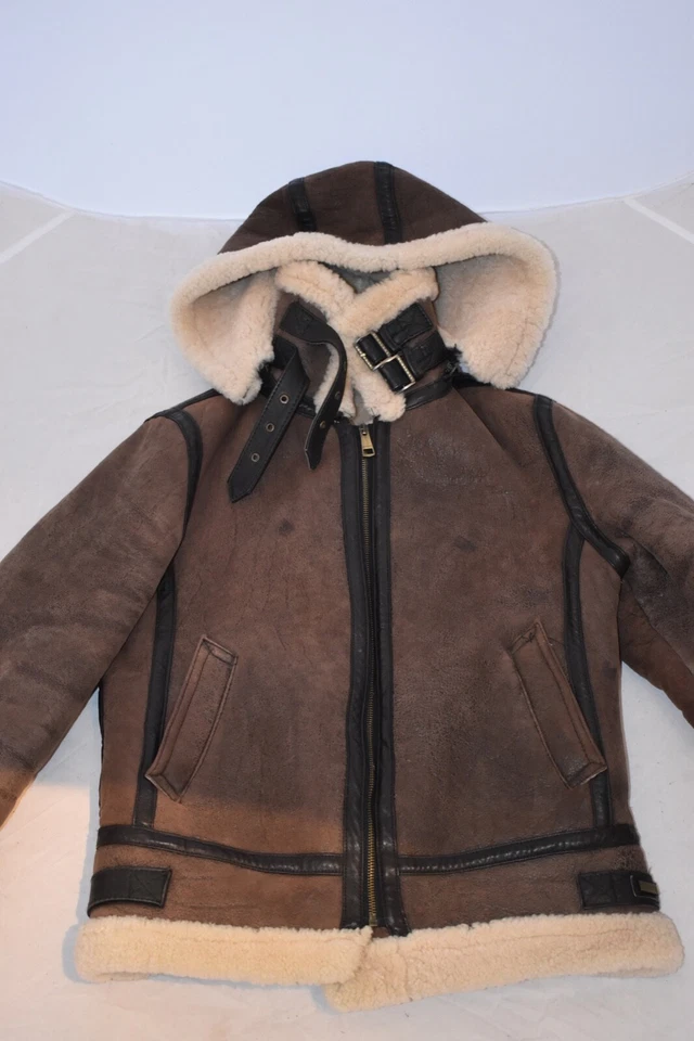 Burberry Brown Leather Shearling Hooded Biker Jacket Coat Womens UK8/10 Mens S/M - Image 2 of 4