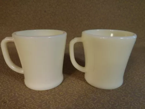 2 Vintage Fire King Oven Ware D Handle Flat Bottom Coffee Mugs Ivory Milk Glass