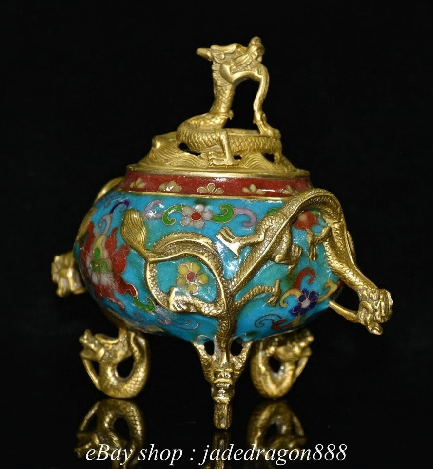 Queimador de incenso dragão de água 6,4" XuanDe marcado porcelana cobre cloisonne 3 - Imagem 3 de 4