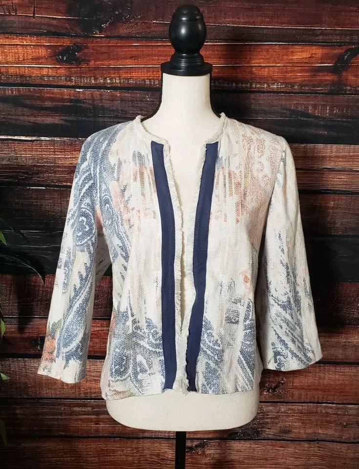 Chaqueta Cárdigan Chicos Talla 1 EE. UU. 8 Texturizada Abierta Estampado Acuarela Paisley Flecos Foto 3 de 4