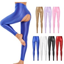 Womens Glossy Open Crotch Leggings Solid Color Cutout Stretchy Skinny Pants