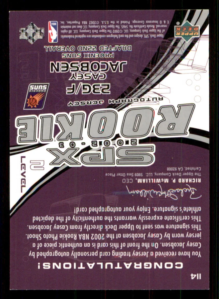 2002-03 SPx #114 Casey Jacobsen JSY AU RC /999 - Image 2 of 2