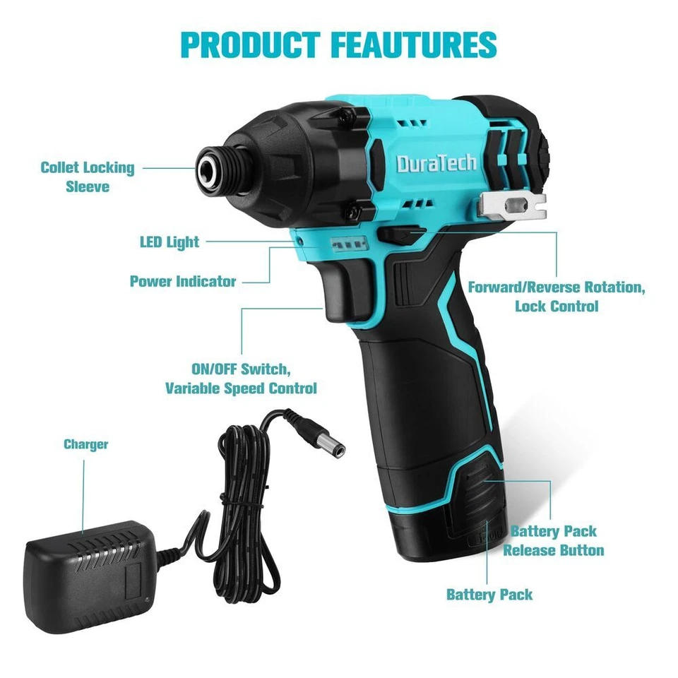 DURATECH 12V Cordless Electric Impact Driver 1/4" 0-2400RPM 885 in-lbs w/Battery - Image 2 of 4