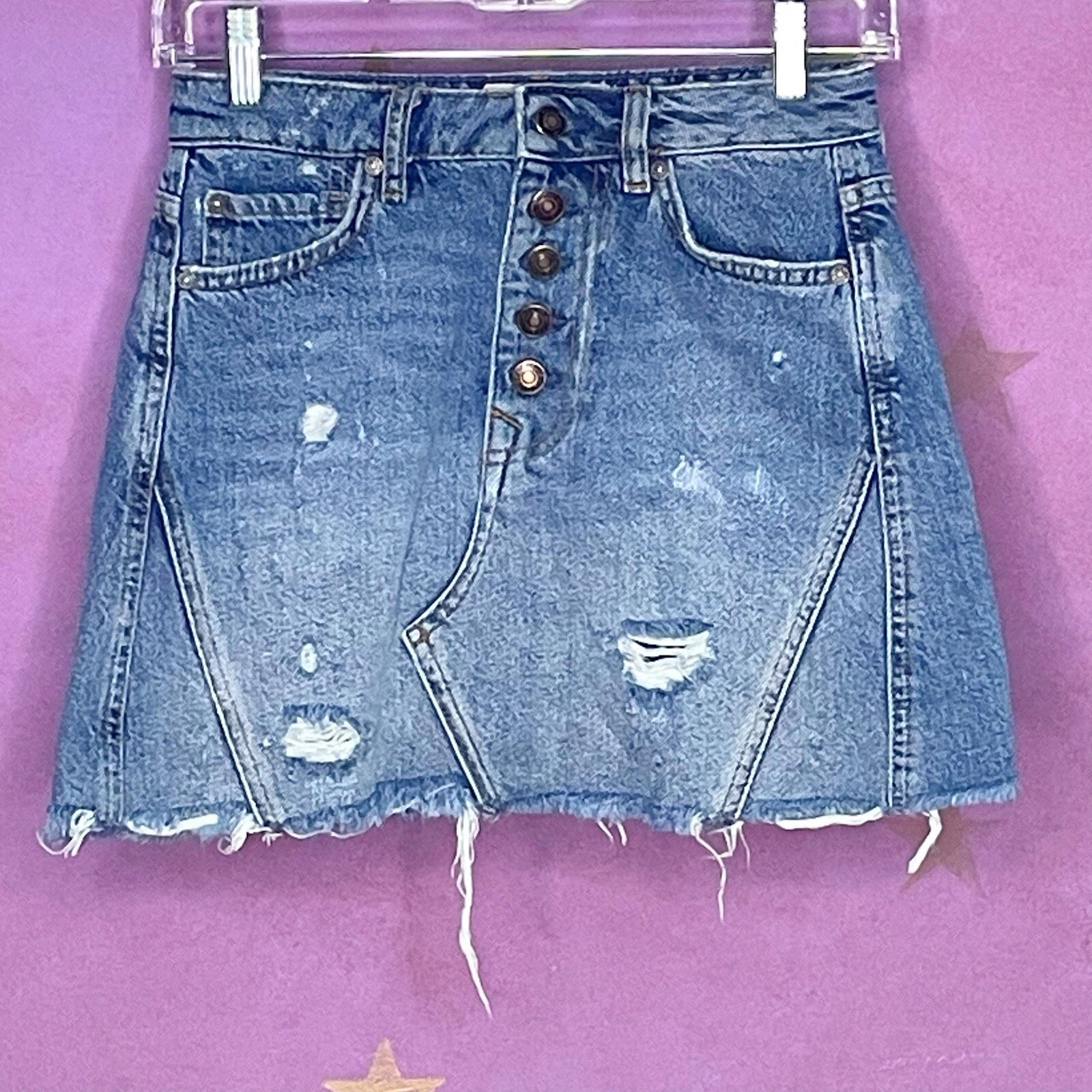 Free People Distress Harvey Mini Skirt Button Fly High Waist Denim Size 24