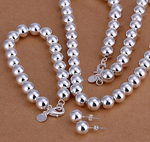 925 Sterling Silver 10mm Smooth Hollow Beaded Ball Earring Bracelet Necklace Set