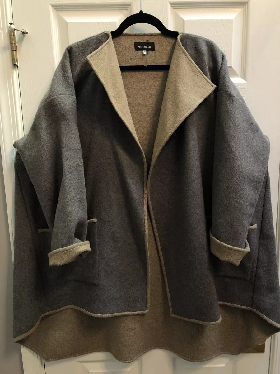Eskandar Size 0 1x 2x Grey/Tan Wool/Cashmere Midweight Coat w/ Hi Lo Hem 32