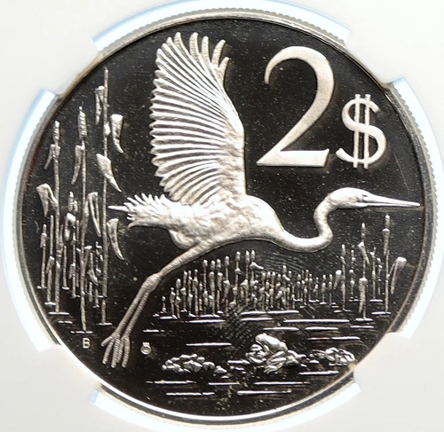 1974 CAYMAN ISLANDS 4.0cm Proof Silver $2 Coin GREAT BLUE HERON BIRD NGC i106378