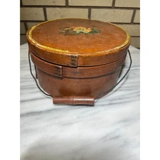Vintage Round Wooden Firkin Cheese Hat Box with Handle Victorian Artwork
