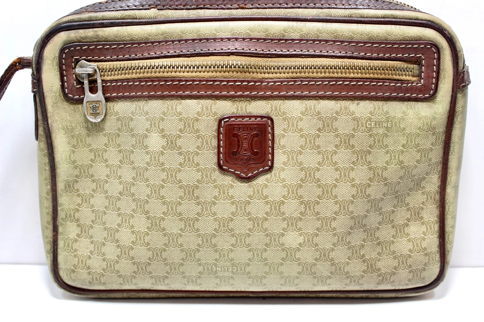 Borsa pochette vintage CELINE Macadam PVC marrone chiaro cinturino da polso