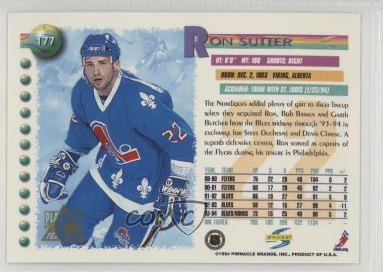 1994-95 Score Platinum Team Set Ron Sutter #177 - Image 2 of 2