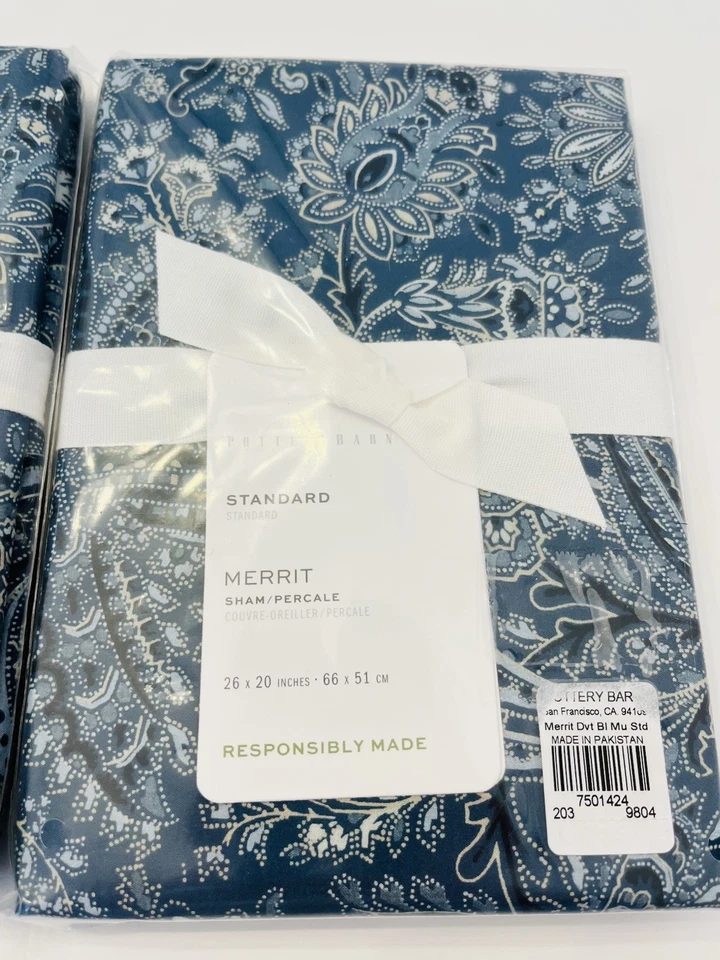 Nuevas fundas de almohada Pottery Barn MERRIT 2 estándar azul cachemir floral orgánico Foto 3 de 4