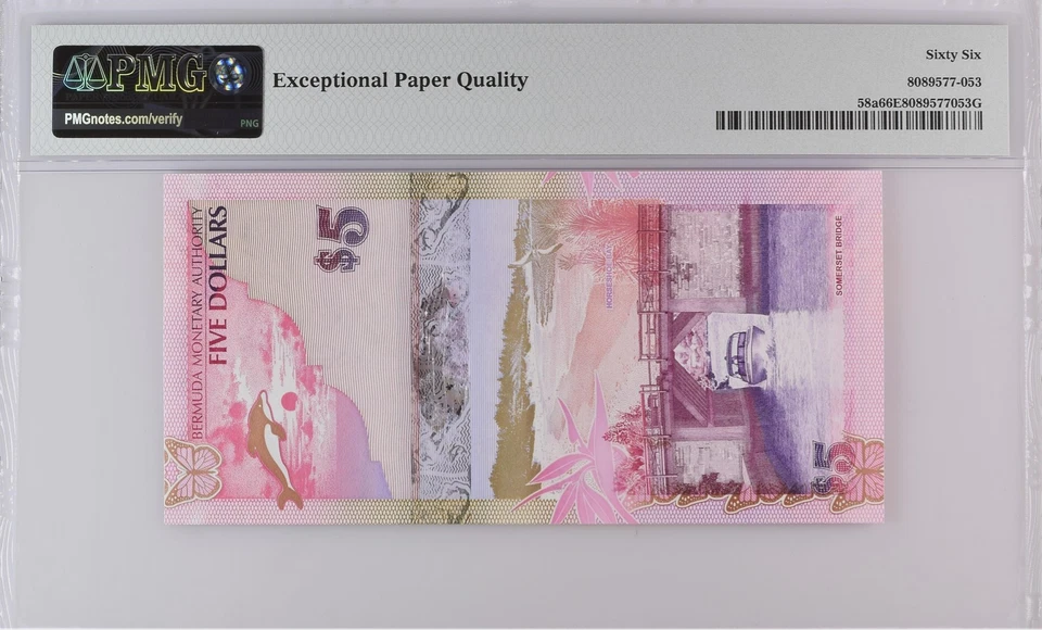 Bermuda Monetary Authority 5 Dollars 2009 P 58a UNC PMG 66 EPQ Onion Prefix - Image 2 of 4