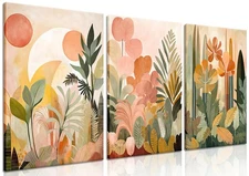 Boho Flowers Canvas Wall Art Set of 3, Abstract Colorful Tropical Jungle Prin...