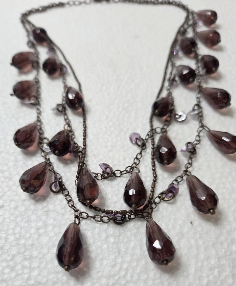 Gargantilla babero vintage Art Deco de vidrio púrpura lágrima collar boho llamativo Foto 4 de 4