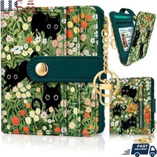 RFID Blocking Women Wallet Floral Cat Bifold Cash Holder Zipper Coin Purse New