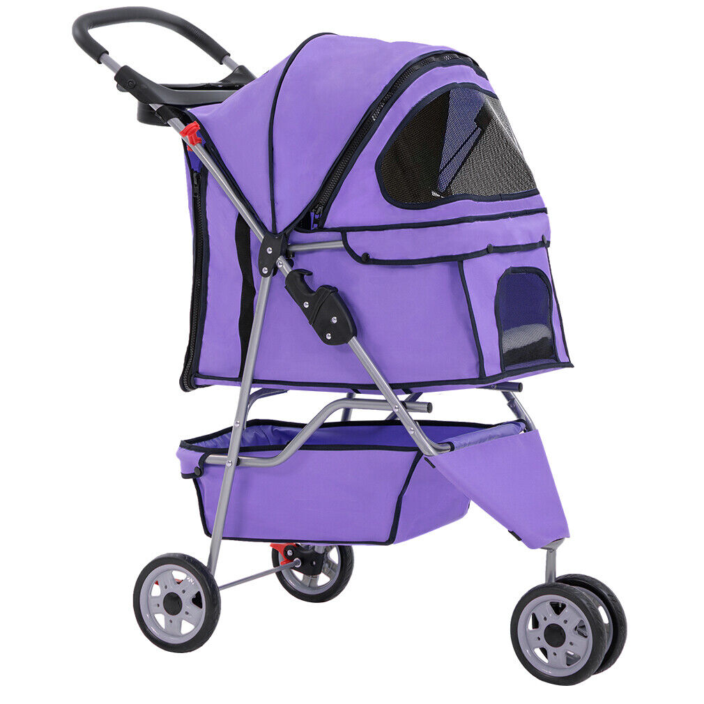 Purple Pet Stroller Cat Dog Cage 3 Wheels Stroller Travel Folding Carrier T13