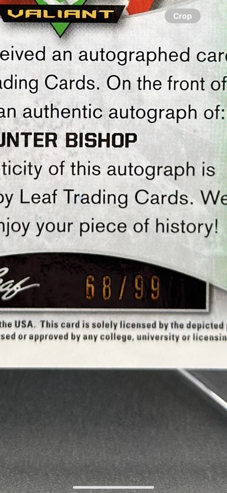 2019 Leaf Valiant Hunter Bishop Autograph /99 SF Giants - AZ State - Image 3 of 3