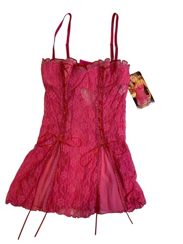 SHIRLEY OF HOLLYWOOD Pink Lace Babydoll Lingerie With Ribbon Accents Size Small