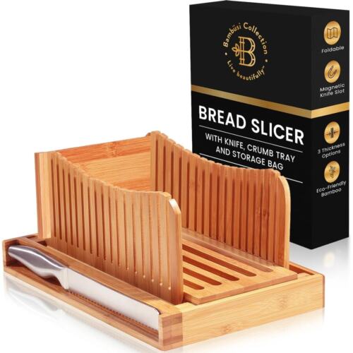 Bamboo Bread Slicer with Knife - 3 Slice Thickness, Foldable Brown