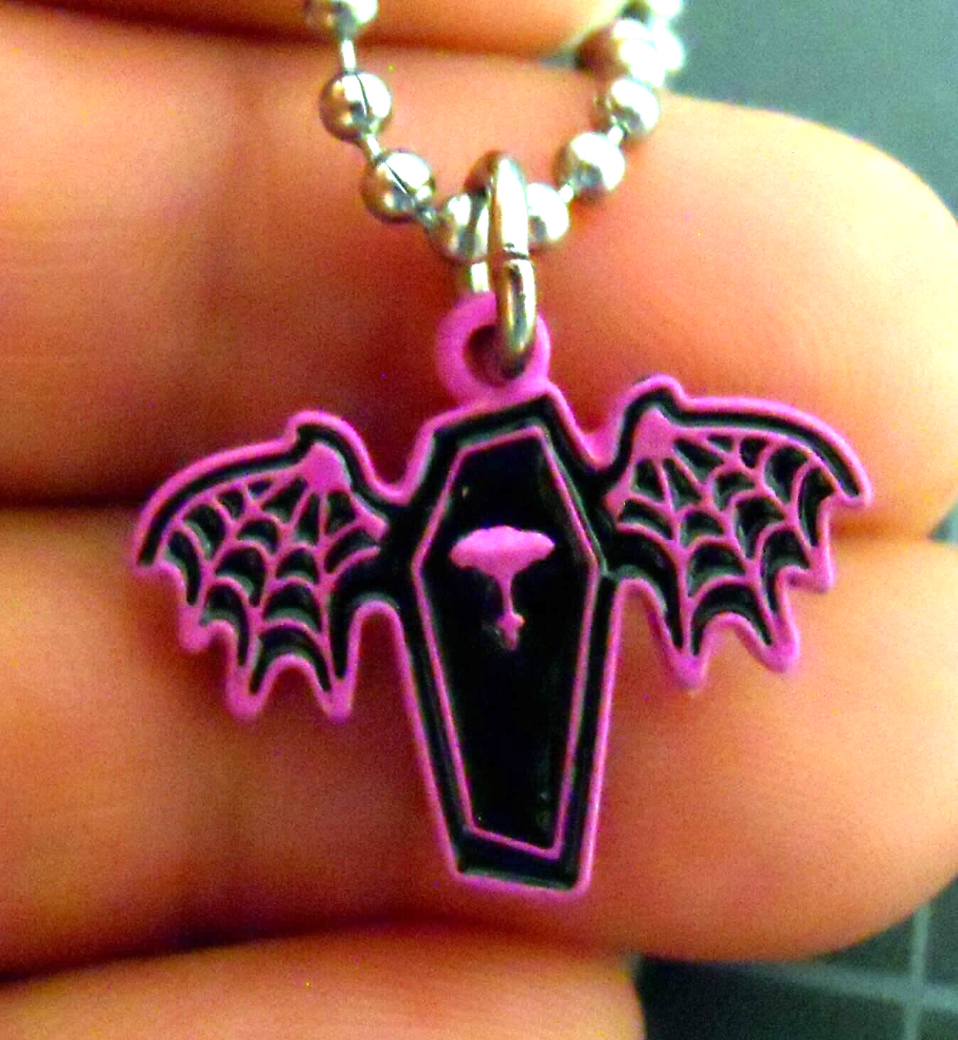 Coffin Necklace Bat Wings Pink Spider's Web Charm New Gothic Casket Pendant