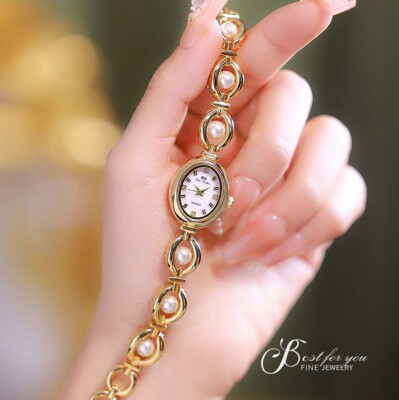 Gold Vintage Women Watch with Pearl inlaid Bracelet Womens  display picture 1