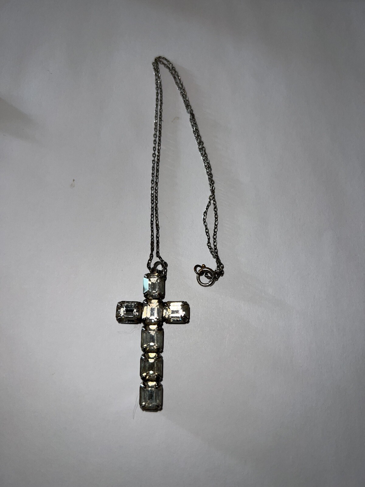 Silver Tone Vintage Rectangular Rhinestone Cross … - image 2