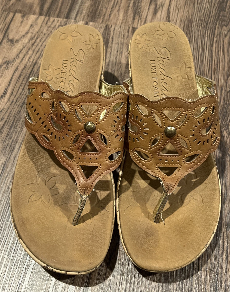 Skechers Luxe Foam Wedge Sandals Comfort Brown Gold Womens 8 eBay