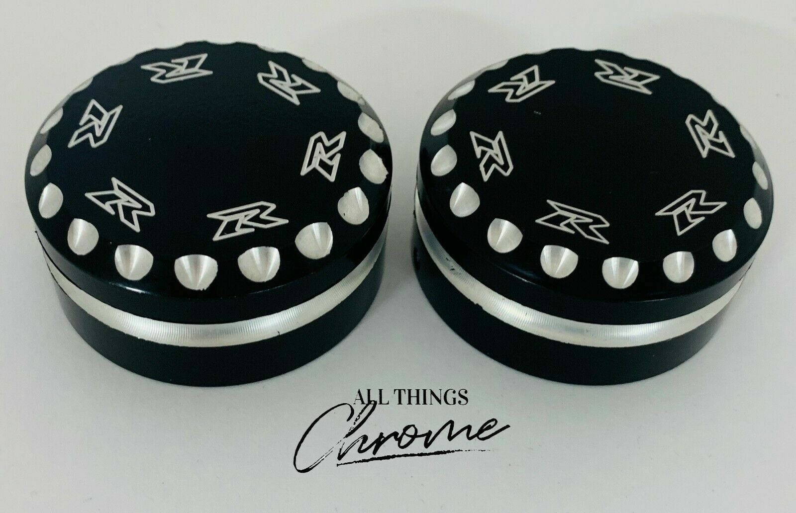 GSXR BLACK CONTRAST DIAMOND CUT "R" ENGRAVED FORK CAPS 09-20 SUZUKI GSXR1000