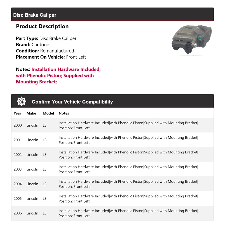 Pinza de freno de disco delantera izquierda Cardone 2001 2002 2003 Lincoln LS 2000-2006 Foto 2 de 4