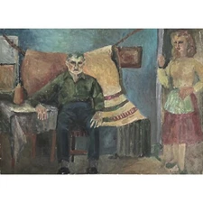 Vintage Outsider Interior with Two Figures (c. 1950, Oil on Board)