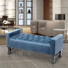 Blue Storage Ottoman Microfiber Bench Upholstered Seat Rectangle Footrest Stool