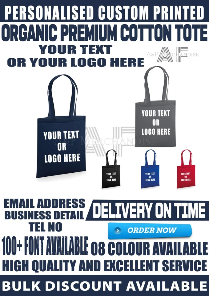 AF MERCH Personalised Custom Organic Premium TOTE Reusable Shopping Cotton BAG TEXT LOGO