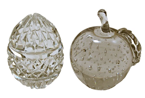 Vintage Waterford-Style Crystal Egg & Murano Bubble Glass Apple Paperweight Pair