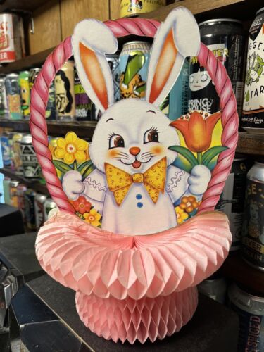 Vintage Easter World  Pink Honeycomb Tissue Basket Die Cut Bunny Kurt Adler - Picture 1 of 8