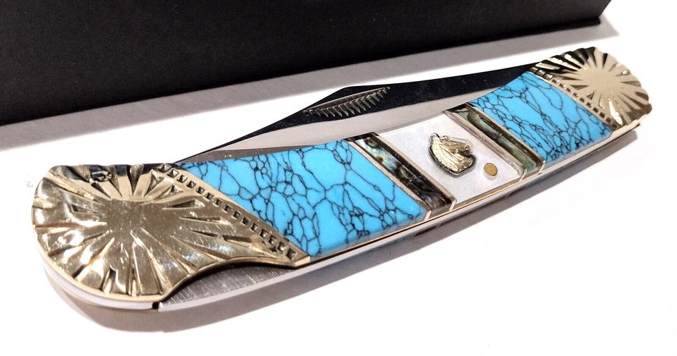 Frost Cutlery Genuine White Mother Of Pearl Blue Turquoise Folding Pocket Knife - Image 3 of 4