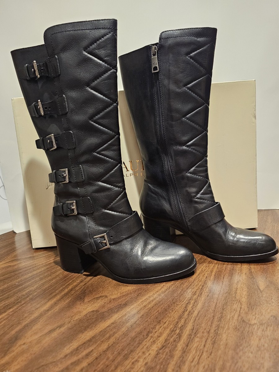 フラメンコ Lauren Ralph Lauren Georgianne Side-Buckle Black Leather Size 7