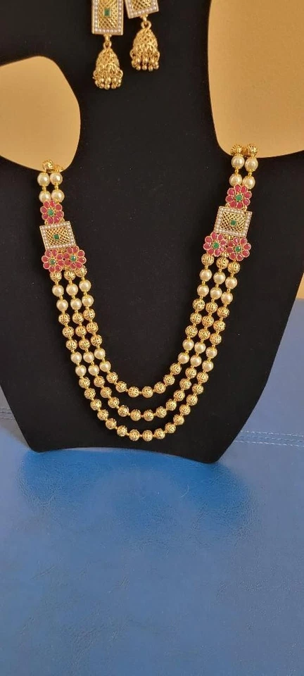 Indian Jewelry Gold Plated Matt Finish Long Necklace Bollywood Bridal Kundan Set - Image 2 of 4