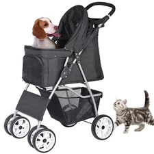 Black Foldable Pet Stroller, Cat/Dog Stroller with 4 Wheel.